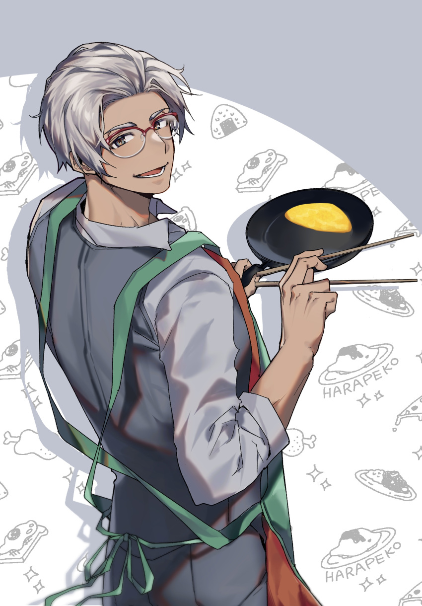 1boy :d absurdres apron arurandeisu boned_meat border chopsticks collared_shirt cowboy_shot curry curry_rice food food-themed_background fried_egg fried_egg_on_toast from_behind frying_pan glasses green_apron grey_border grey_eyes grey_hair grey_pants grey_shirt grey_vest hair_slicked_back highres hikariemochi holding holding_chopsticks holding_frying_pan holostars looking_at_viewer looking_back lower_teeth_only male_focus meat omelet omurice onigiri outside_border pants pizza red-framed_eyewear rice shirt short_hair sleeves_rolled_up smile solo teeth vest virtual_youtuber white_background