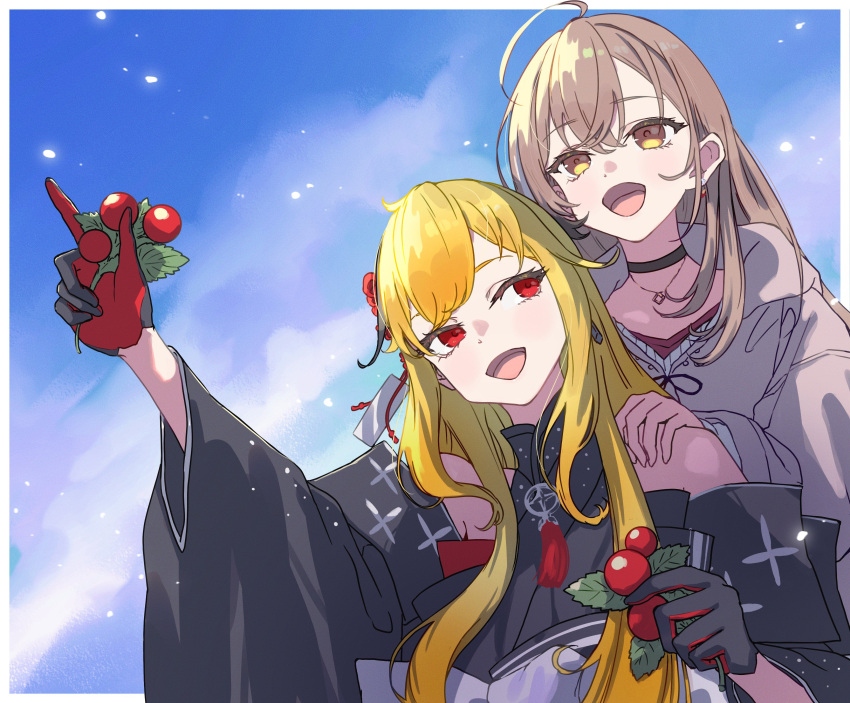 2girls :d absurdres ahoge berry black_choker black_kimono blonde_hair brown_eyes brown_hair brown_hoodie choker cloud cloudy_sky crossed_bangs earrings food-themed_earrings futomoy hand_on_another's_shoulder highres hololive hololive_english hololive_indonesia hood hoodie japanese_clothes jewelry kaela_kovalskia kaela_kovalskia_(2nd_costume) kimono light_particles long_hair looking_at_another multicolored_hair multiple_girls nanashi_mumei nanashi_mumei_(3rd_costume) necklace obi official_alternate_costume oversized_clothes pointing red_shirt ribbon sash shirt sky sleeveless sleeveless_kimono smile streaked_hair sweater tassel two-tone_gloves very_long_hair virtual_youtuber white_sweater wide_sleeves