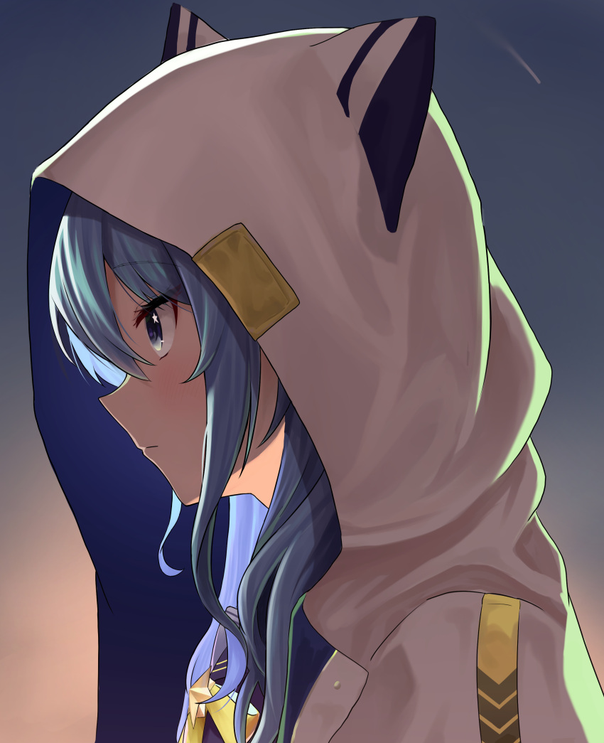 1girl absurdres animal_hood blue_eyes blue_hair blush comet commentary_request expressionless from_side highres hololive hood hood_up hoshimachi_suisei hoshimachi_suisei_(school_uniform) kakinotane_e long_hair looking_afar solo star_(symbol) star_in_eye symbol_in_eye virtual_youtuber