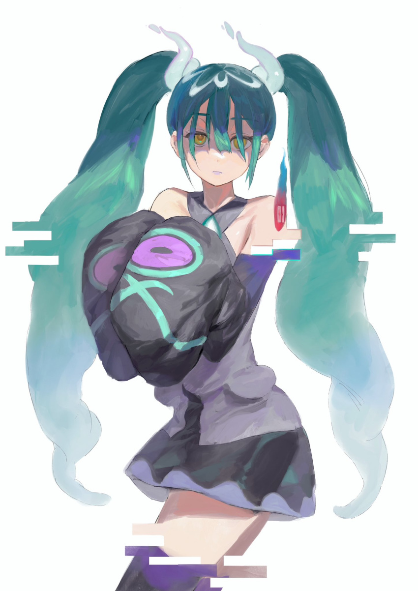 1girl aqua_hair bare_shoulders black_skirt black_sleeves black_thighhighs closed_mouth detached_sleeves frown ghost_miku_(project_voltage) ghost_pose glitch hair_between_eyes hatsune_miku highres long_hair long_sleeves looking_at_viewer miniskirt pokemon project_voltage purple_lips r_r_i_n skirt sleeves_past_fingers sleeves_past_wrists solo thighhighs twintails very_long_hair vocaloid will-o'-the-wisp_(mythology) yellow_eyes zettai_ryouiki