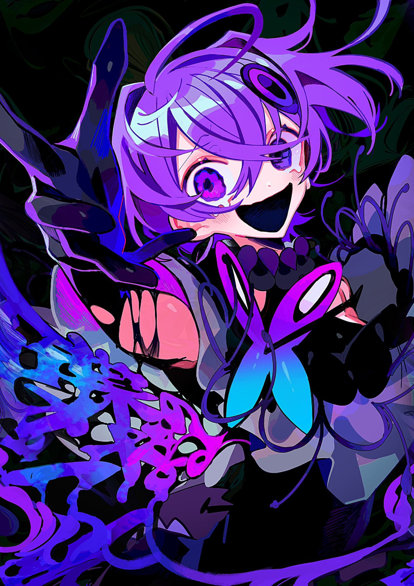 1girl abnormality_dancin'_girl_(vocaloid) ahoge black_background black_dress black_gloves crossed_bangs crying crying_with_eyes_open dress flower_(vocaloid) gloves hair_ornament highres himanemuitoma messy_hair open_mouth purple_eyes purple_hair purple_theme short_hair tears vocaloid