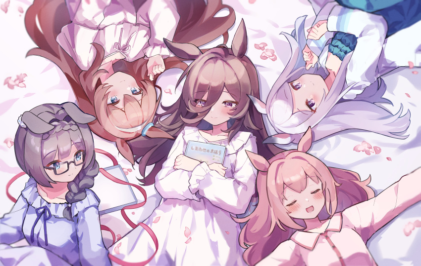 5girls :d absurdres animal_ears bangs bed_sheet black-framed_eyewear black_hair blue_dress blush book braid breasts brown_hair cat_ears closed_eyes closed_mouth collarbone collared_shirt commentary_request dress dress_shirt glasses grey_hair hair_down hair_over_one_eye hair_over_shoulder hand_up haru_urara_(umamusume) highres jacket long_hair long_sleeves lying medium_breasts mejiro_mcqueen_(umamusume) mihono_bourbon_(umamusume) mola_mola multiple_girls nightgown object_hug on_back open_clothes open_jacket outstretched_arms petals pink_hair pink_shirt puffy_long_sleeves puffy_sleeves purple_eyes rice_shower_(umamusume) shirt single_braid smile spread_arms umamusume very_long_hair white_dress white_jacket zenno_rob_roy_(umamusume)