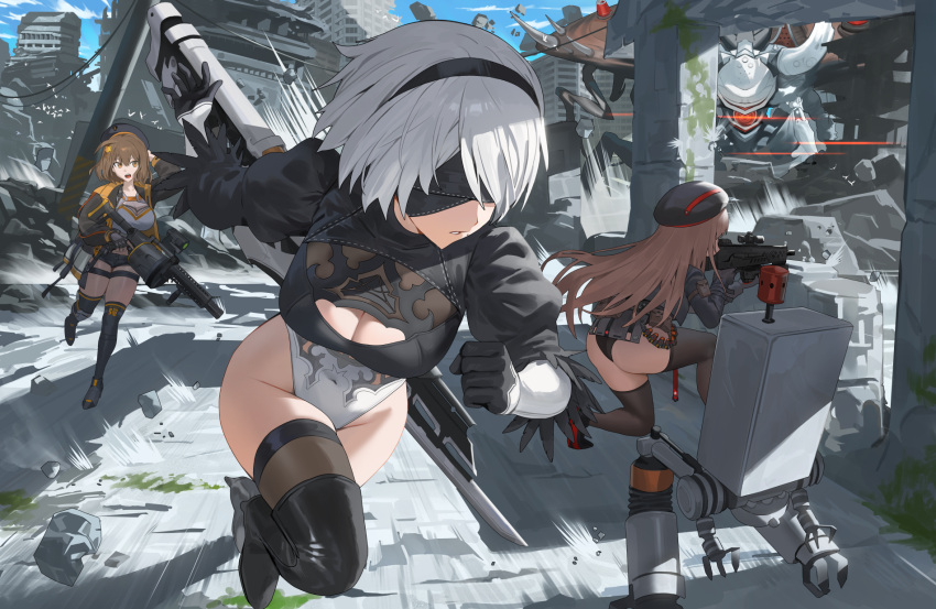 2b_(nier:automata) 3girls anis_(nikke) ass assault_rifle battle beret black_blindfold black_gloves black_hairband blindfold blue_sky breasts brown_eyes brown_hair collaboration covered_navel crossover gloves goddess_of_victory:_nikke grenade_launcher groin gun hairband hat highres holding holding_gun holding_weapon hood_(james_x) juliet_sleeves large_breasts leotard long_sleeves mole mole_under_mouth multiple_girls outdoors parted_lips pod_(nier:automata) puffy_sleeves rapi_(nikke) rapture_(nikke) rifle rubble running sky solo_focus sword sword_on_back thighs weapon weapon_on_back white_hair