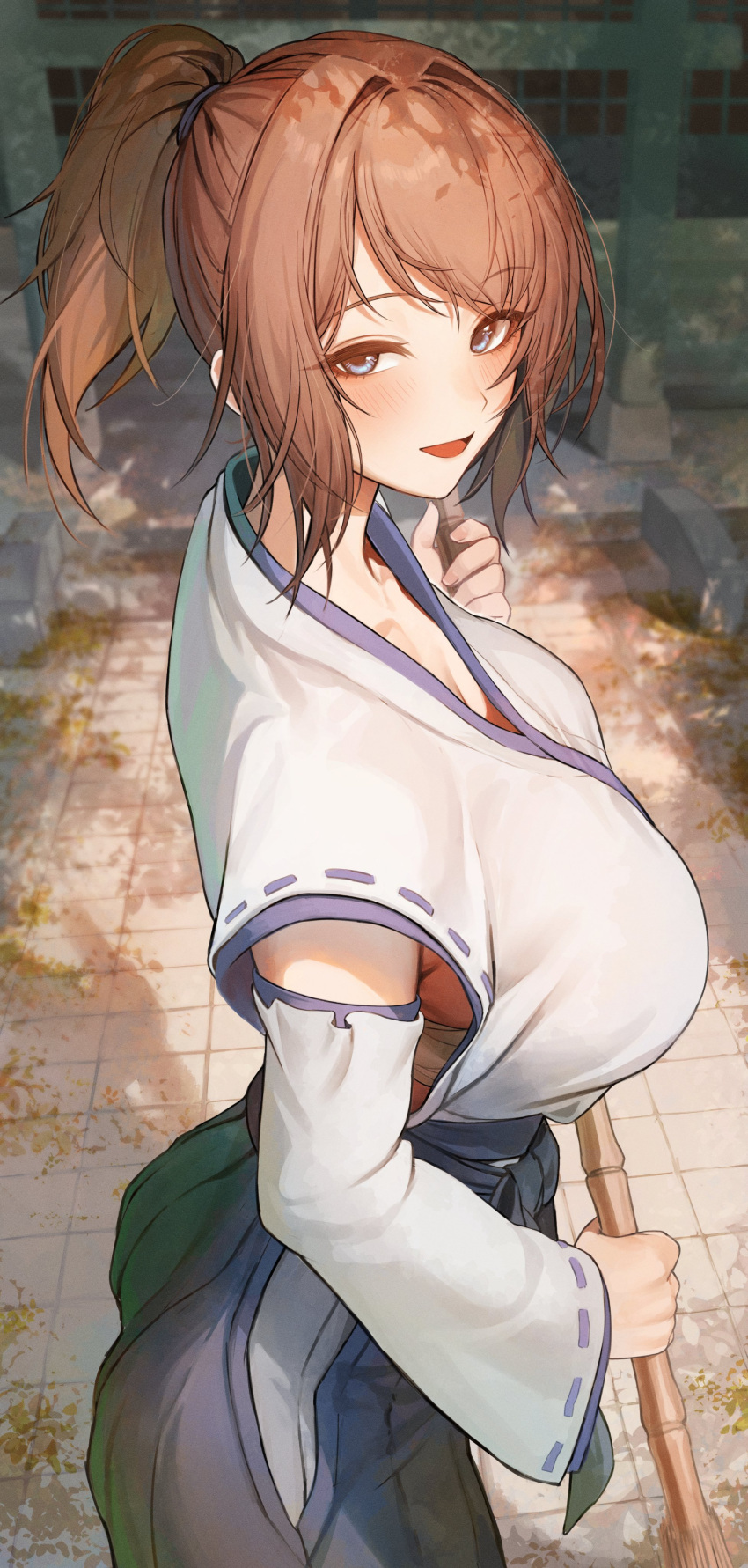 1girl absurdres blue_hakama blush breasts broom brown_hair chest_sarashi detached_sleeves hakama highres holding holding_broom japanese_clothes kimono large_breasts looking_at_viewer looking_to_the_side marse_(rokudaime) miko original outdoors ponytail sarashi sleeveless sleeveless_kimono smile tile_floor tiles
