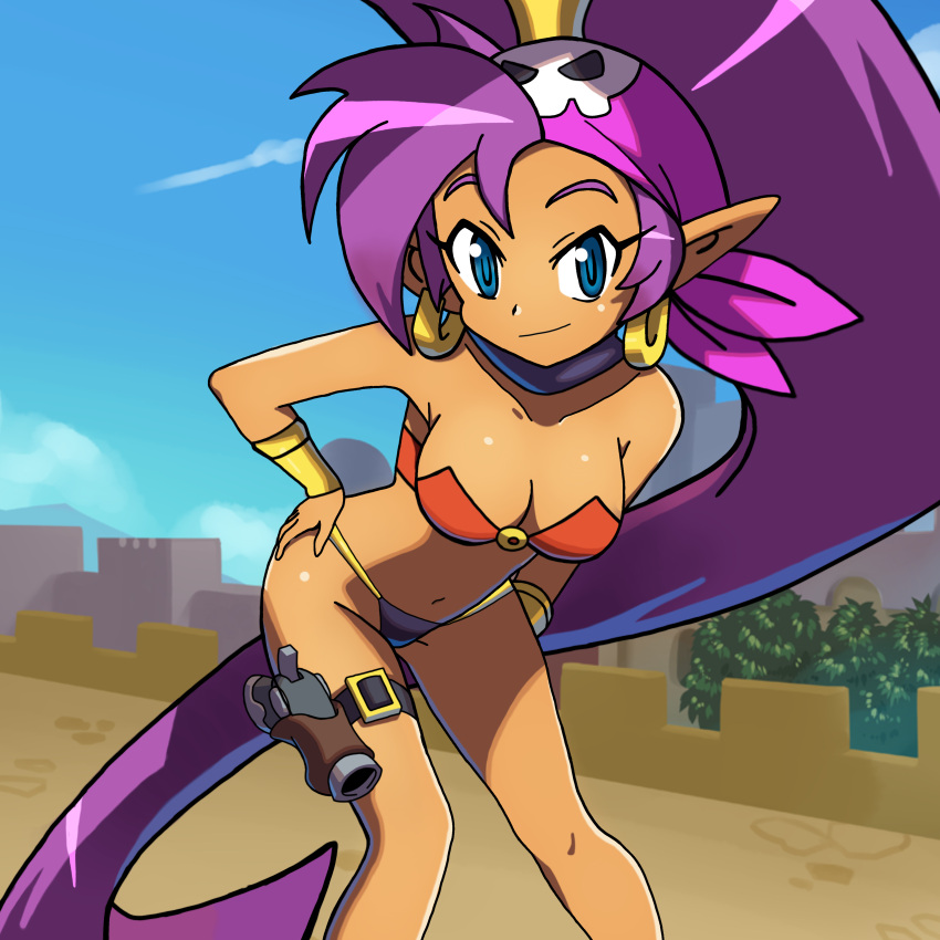 absurd_res armiearts bandanna blue_eyes bracelet breasts cleavage clothed clothing ear_piercing ear_ring female gun hair hi_res humanoid_pointy_ears jewelry kerchief long_hair looking_at_viewer not_furry panties piercing purple_hair ranged_weapon ring_piercing shantae shantae:_and_the_pirate's_curse shantae_(series) smile smiling_at_viewer solo tan_body tan_skin third-party_edit tight_clothing underwear wayforward weapon