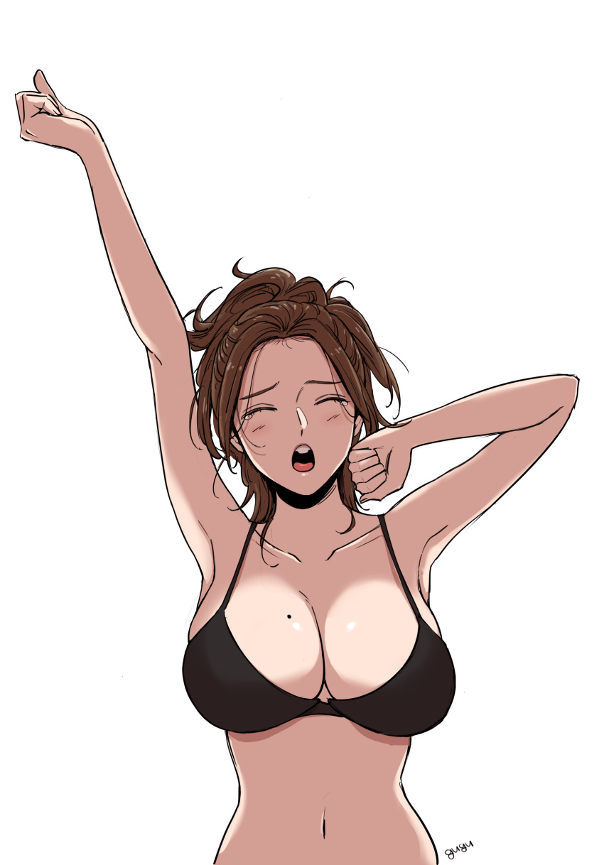 1girl absurdres arm_up artist_name beautiful_gunbari black_bra bra breasts brown_hair clenched_hands gugu_(pixiv63055428) highres jung_su-a large_breasts medium_hair mole mole_on_breast navel simple_background underwear upper_body white_background yawning