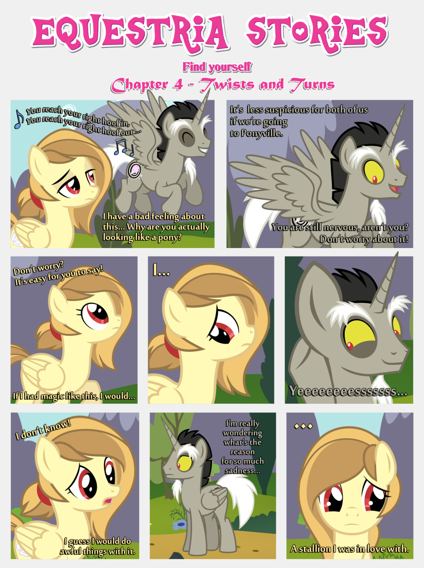 absurd_res alice_goldenfeather_(estories) black_border border comical cutie_mark dialogue discord_(mlp) duo ears_up equid equine estories eyes_closed fake_cutie_mark female feral folded_wings friendship_is_magic frown hasbro hi_res horn male mammal my_little_pony path pathway pegasus sad sad_eyes smile spread_wings winged_unicorn wings