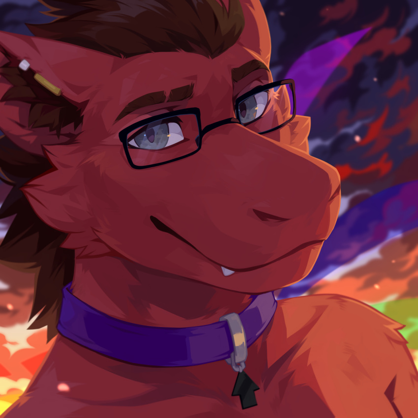 1:1 anthro blue_eyes brown_hair brown_inner_ear_fluff bust_portrait cheek_tuft cloud collar corzh77 drache_(dragonwarrior125) dragon ear_piercing eyewear facial_tuft fangs fur furred_dragon glasses hair hi_res inner_ear_fluff looking_at_viewer male piercing portrait purple_collar red_body red_fur short_hair solo teeth tuft wearing_glasses