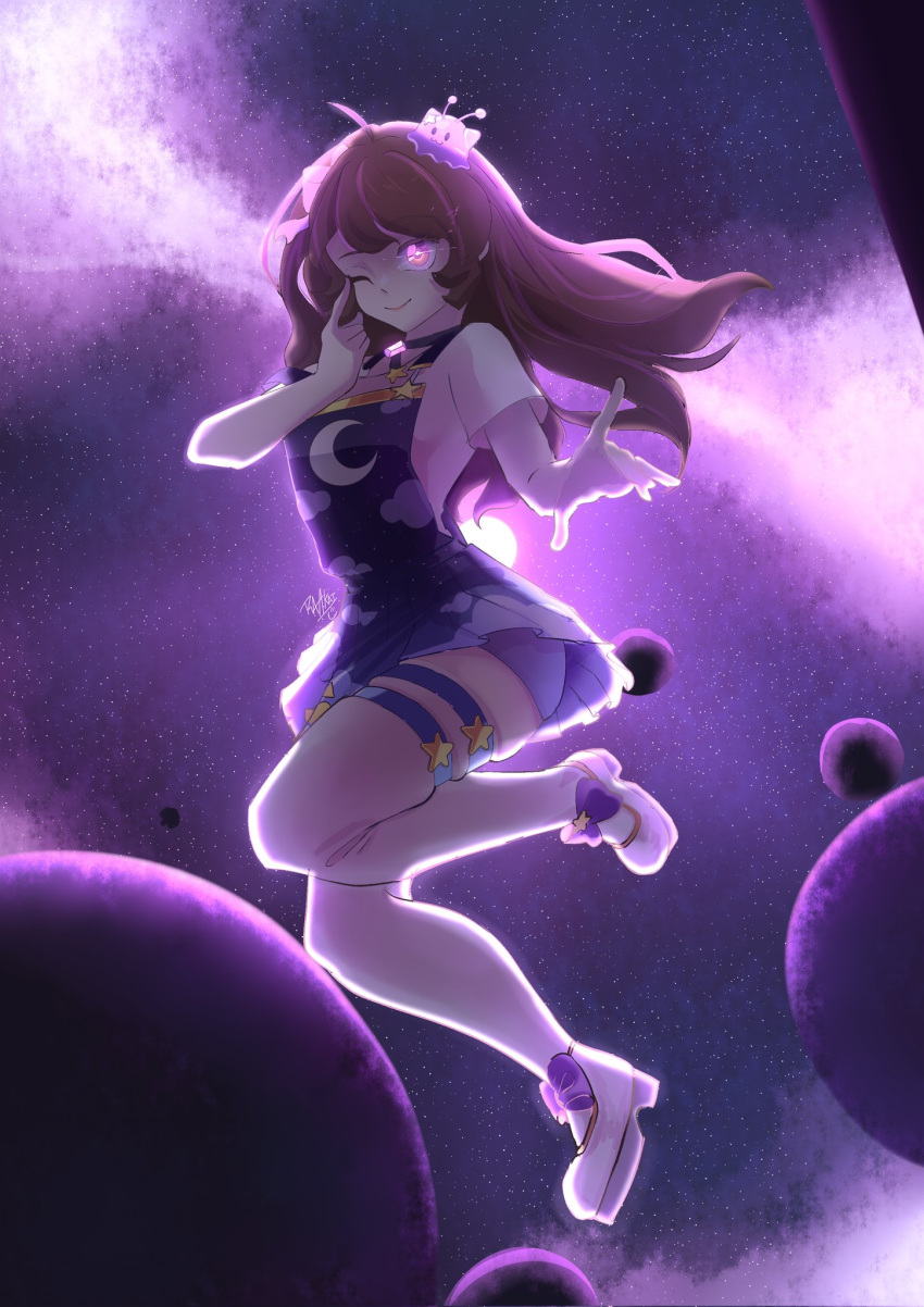 1girl blob bow brown_hair centi_(nimu) choker dress glowing glowing_eye gradient_dress hair_bow highres indie_virtual_youtuber long_hair nimu_(3rd_costume) nimu_(vtuber) off-shoulder_shirt off_shoulder one_eye_closed purple_dress purple_theme shirt solo thighhighs virtual_youtuber