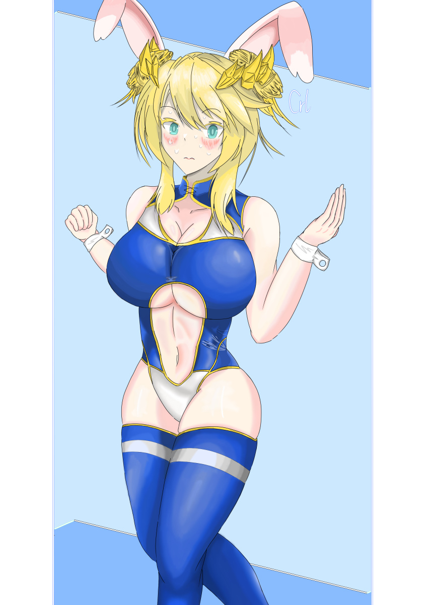 1girl absurdres animal_ears artoria_pendragon_(fate) artoria_pendragon_(lancer)_(fate) belly blonde_hair blue_background blue_leotard blush breasts cleavage crallylystia crown fate/grand_order fate_(series) green_eyes hair_between_eyes hair_bun highres large_breasts leotard navel parted_lips rabbit_ears saber self-upload simple_background sweat swimsuit thighhighs underboob wrist_cuffs