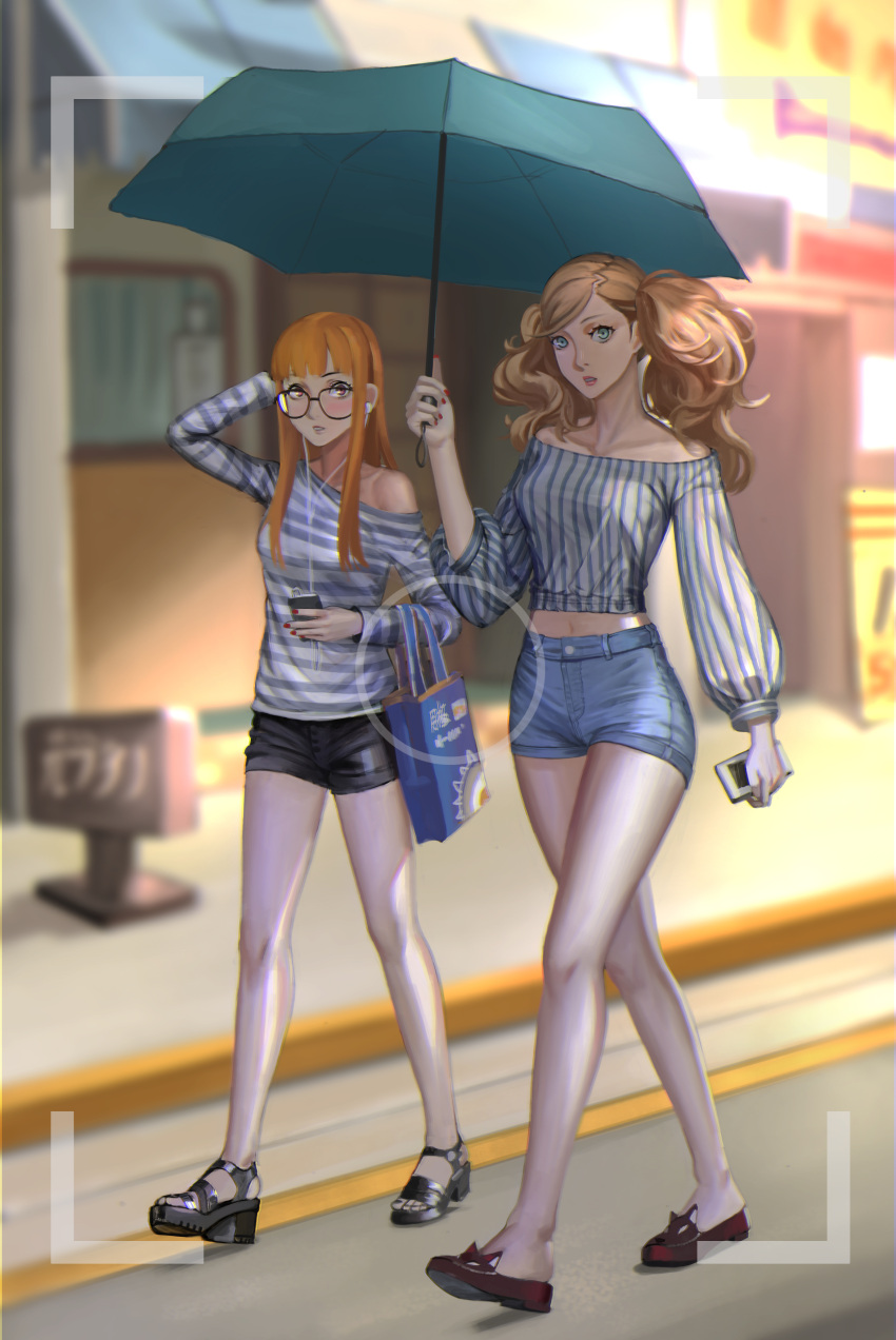 2girls absurdres alternate_costume bag big_(cs78) black_shorts blonde_hair blue_eyes blurry blurry_background blush breasts brown_eyes casual collarbone day denim denim_shorts digital_media_player earphones full_body glasses highres holding holding_bag holding_digital_media_player holding_phone holding_umbrella long_hair looking_at_viewer midriff multiple_girls navel off-shoulder_shirt off_shoulder orange_hair outdoors parted_lips persona persona_5 phone red_nails sakura_futaba shirt shoes short_shorts shorts sidewalk single_bare_shoulder straight_hair striped striped_shirt takamaki_anne twintails umbrella viewfinder walking