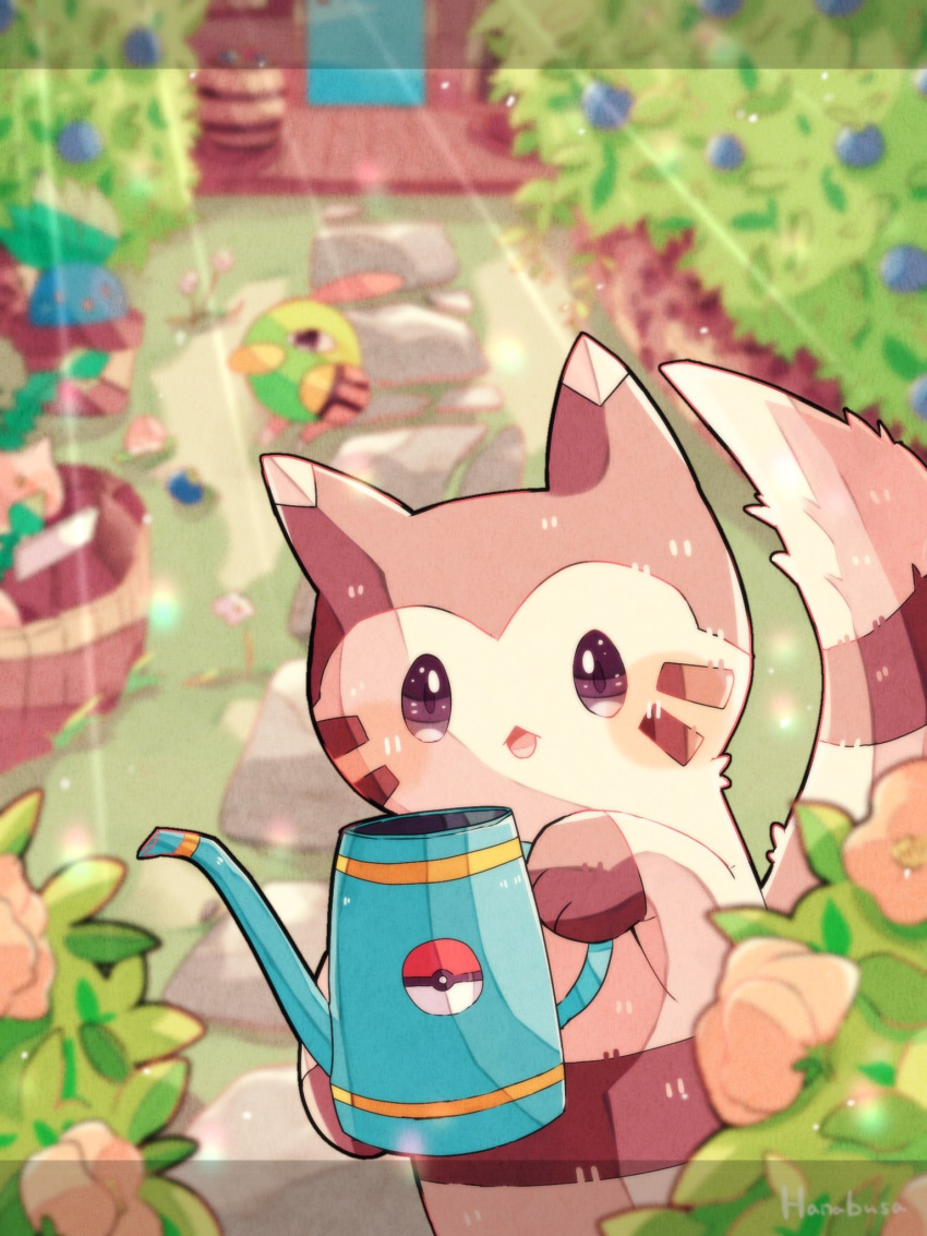 animal_focus bird blurry blurry_background brown_fur commentary_request flower furret hanabusaoekaki highres hoppip leaf letterboxed natu no_humans oddish open_mouth pink_flower pokemon pokemon_(creature) solid_oval_eyes sunlight two-tone_fur watering_can white_fur