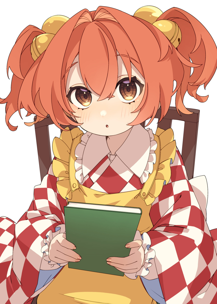 1girl absurdres apron bell blush book chair checkered_clothes checkered_kimono e_sdss fingernails hair_bell hair_between_eyes hair_ornament highres holding holding_book japanese_clothes jingle_bell kimono long_sleeves looking_at_viewer motoori_kosuzu parted_lips red_eyes red_hair short_hair simple_background sitting solo touhou two_side_up white_background wide_sleeves yellow_apron