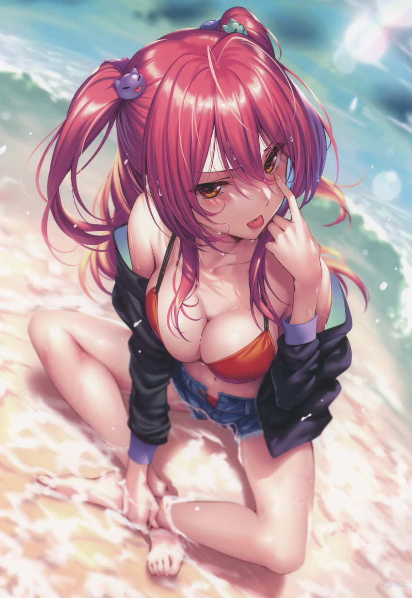 1girl absurdres akanbe barefoot bikini bikini_under_clothes breasts brown_eyes day eyelid_pull hanikami_kanojo highres hinoura_nanaka jacket long_hair looking_at_viewer medium_breasts ocean off_shoulder open_clothes open_jacket outdoors partially_submerged piromizu red_hair scan shore shorts simple_background sitting solo swimsuit toes tongue tongue_out water