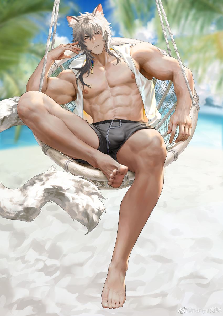 1boy abs absurdres alternate_costume animal_ears arknights bara bare_pectorals beach bulge grey_hair hair_between_eyes highres large_pectorals leopard_boy leopard_ears leopard_tail long_hair looking_at_viewer male_focus male_swimwear muscular muscular_male nanyu1998 nipples ocean pectorals sand silverash_(arknights) sitting solo stomach summer swim_trunks tail thighs veins veiny_arms white_hair