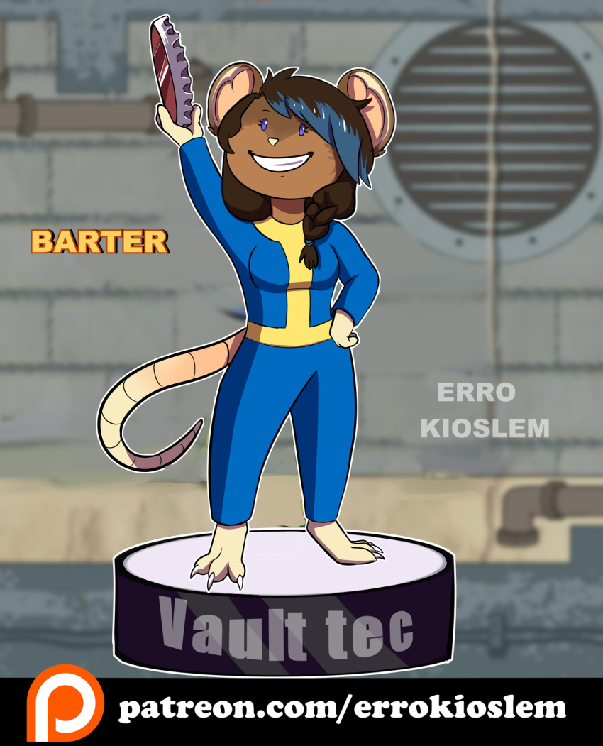 anthro barter bethesda_softworks bobblehead bottle_cap braided_hair brown_hair chibi claws errokioslem fallout female hair hi_res mammal murid murine purple_eyes rat rat_tail rodent solo vault_suit