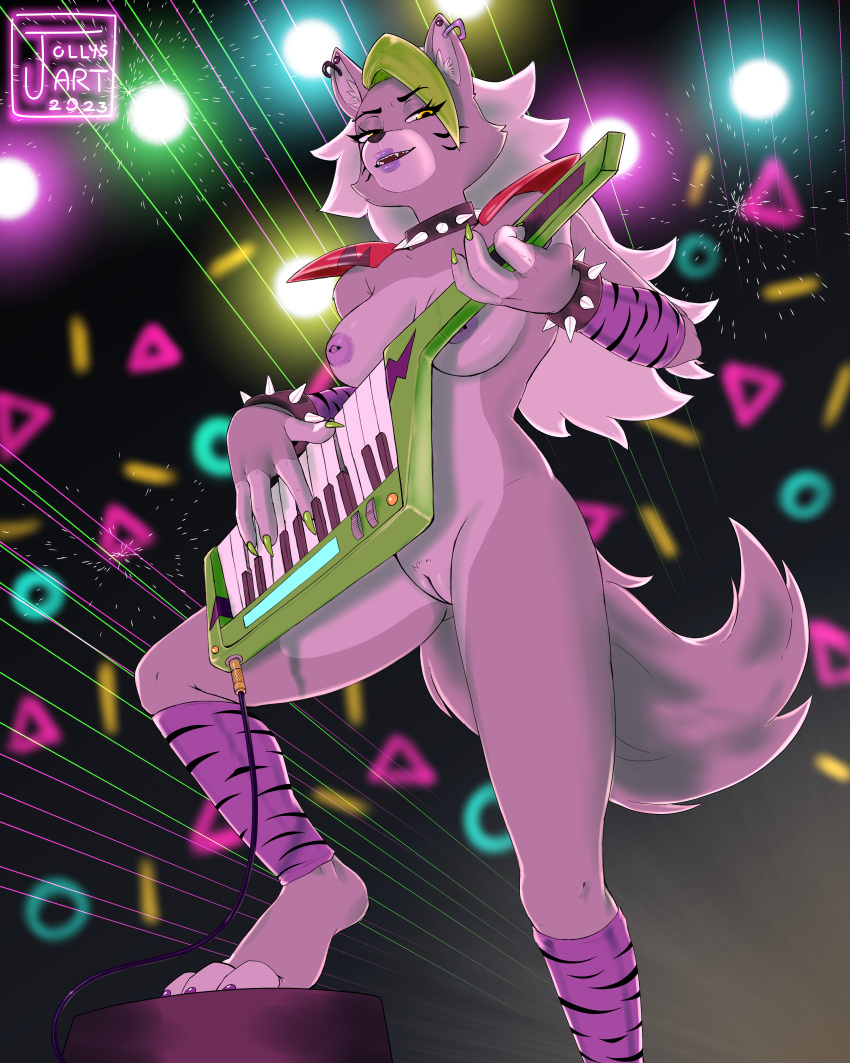 2023 3_toes 4:5 4_fingers absurd_res anthro areola armor artist_name big_breasts bracelet breasts canid canine canis clothing collar colored_nails digital_media_(artwork) ear_piercing ear_ring eyebrows eyelashes fangs feet female fingers five_nights_at_freddy's five_nights_at_freddy's:_security_breach genitals green_highlights grey_hair hair hi_res highlights_(coloring) holding_musical_instrument holding_object inner_ear_fluff innie_pussy jewelry jollysart keyboard_instrument keytar leg_warmers legwear lipstick long_hair looking_at_viewer low-angle_view makeup mammal mostly_nude musical_instrument nails nipples pauldron piercing pink_areola pink_nipples playing_music pussy ring_piercing roxanne_wolf_(fnaf) scottgames sharp_teeth smile solo spiked_bracelet spiked_collar spikes steel_wool_studios teeth toes tuft wolf yellow_eyes