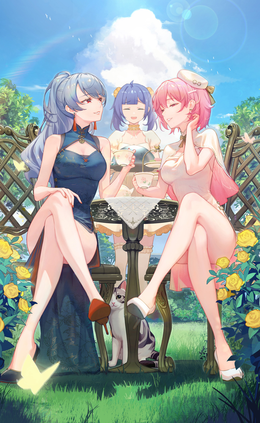 1other 3girls absurdres bai_ou_(crazy_ones) blue_dress blue_sky breasts cat chair cleavage_cutout closed_eyes clothing_cutout cloud commentary_request crazy_ones crossed_legs cup dress flower grass grey_hair high_heels highres large_breasts long_hair medium_breasts multiple_girls official_art on_chair pelvic_curtain pink_hair purple_hair qianye_zhizi rainbow red_eyes rose short_hair sitting sky standing stiletto_heels table tree white_dress xia_bing_(crazy_ones) yellow_flower yellow_rose