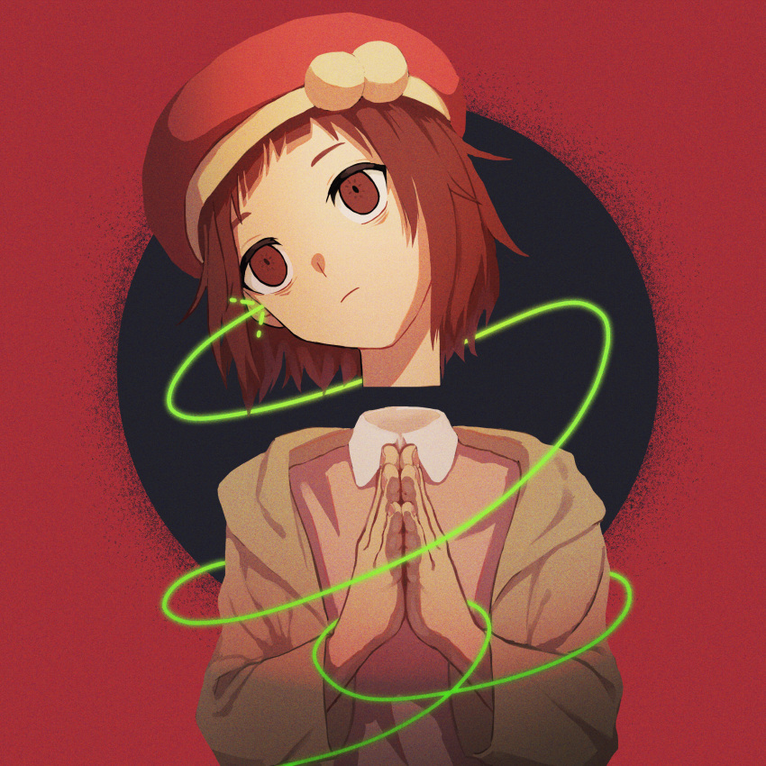 1girl anatomical_nonsense arrow_(symbol) beret black_background blunt_bangs brown_eyes brown_hair circular_border closed_mouth collared_shirt corvusblackone disembodied_head hat head_tilt highres hood hooded_jacket jacket long_sleeves milk-chan_(milk_series) milk_inside_a_bag_of_milk_inside_a_bag_of_milk own_hands_together palms_together pink_shirt red_background red_headwear shirt short_bangs short_hair solo two-tone_background upper_body yellow_jacket