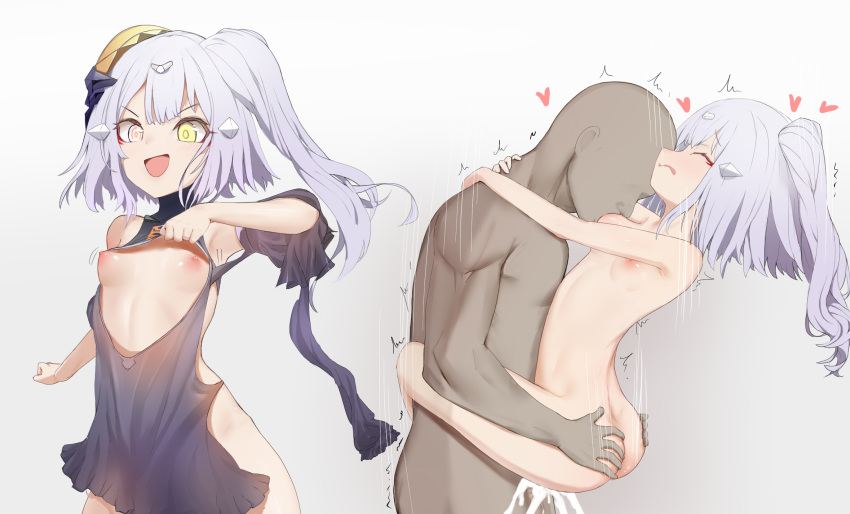 1boy 1girl :d armpits arms_around_neck ass_grab bare_shoulders black_dress breast_sucking breasts center_opening closed_eyes clothes_lift completely_nude cum cum_overflow dress english_commentary ever_(nann2013) faceless faceless_male girls'_frontline grabbing_another's_ass grey_hair groping hair_ornament headgear heart hetero heterochromia highres leg_lock lifted_by_self lifting_person motion_lines narciss_(girls'_frontline) nipples nude open_mouth paradeus pink_eyes sex short_hair simple_background small_breasts smile spoken_heart suspended_congress white_background white_hair yellow_eyes