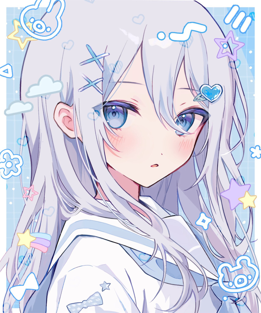 1girl blue_background blue_bow blue_eyes blush bow cloud hair_between_eyes hair_ornament hairclip haruta_333_x heart heart_hair_ornament highres long_hair long_sleeves open_mouth project_sekai rabbit sailor_collar shirt shooting_star sidelocks solo sparkle star_(symbol) upper_body very_long_hair white_hair white_sailor_collar white_shirt x_hair_ornament yoisaki_kanade