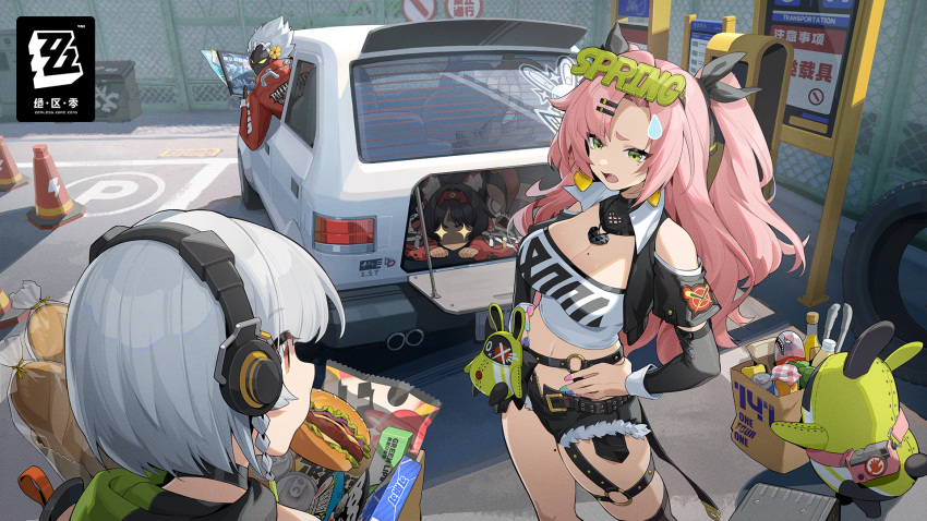 +_+ 1boy 3girls aqua_nails baguette black_jacket black_ribbon black_shorts blue_nails bread breasts burger character_request cleavage commentary_request cowboy_shot cutoffs food green_eyes grey_hair hair_ornament hair_ribbon hairclip hand_on_own_hip headphones highres jacket large_breasts long_hair long_sleeves micro_shorts midriff motor_vehicle multiple_girls navel nicole_demara official_art open_clothes open_jacket open_mouth outdoors pink_hair pink_nails ribbon shorts skindentation standing stomach strapless sweatdrop thigh_strap thighs traffic_cone tube_top two_side_up van very_long_hair zenless_zone_zero