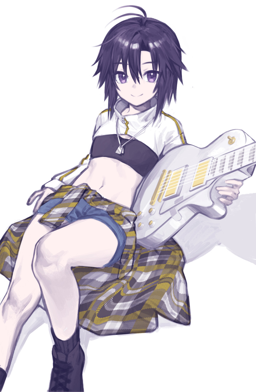 1girl abs absurdres antenna_hair arm_at_side bandeau black_bandeau black_footwear black_hair black_shirt black_socks blue_shorts bodysuit boots breasts closed_mouth clothes_around_waist commentary cropped_jacket denim denim_shorts dog_tags foot_out_of_frame guitar highres holding holding_instrument idolmaster idolmaster_(classic) instrument jacket jewelry kikuchi_makoto knee_up leaning_back long_sleeves looking_at_viewer midriff multicolored_bodysuit multicolored_clothes navel necklace on_ground plaid plaid_shirt purple_eyes ribbed_socks shirt shirt_around_waist short_hair short_shorts shorts simple_background single_vertical_stripe sitting small_breasts smile socks solo vickyycy99 white_background white_shirt yellow_shirt zipper_pull_tab