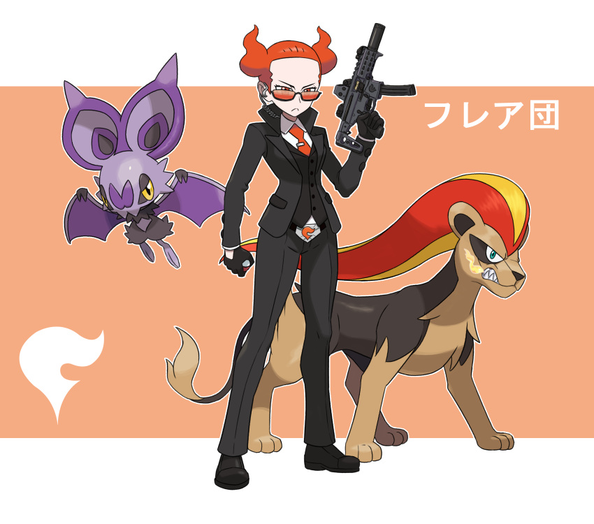 1girl black_footwear black_gloves black_jacket black_pants black_suit earpiece gloves gun highres holding holding_gun holding_poke_ball holding_weapon jacket necktie noibat pants poke_ball poke_ball_(basic) pokemon pokemon_(creature) pokemon_(game) pokemon_xy pyroar red-tinted_eyewear red_eyes red_hair red_necktie shirt shoes short_hair suit sunglasses team_flare_grunt team_flare_logo thegraffitisoul tinted_eyewear weapon white_shirt