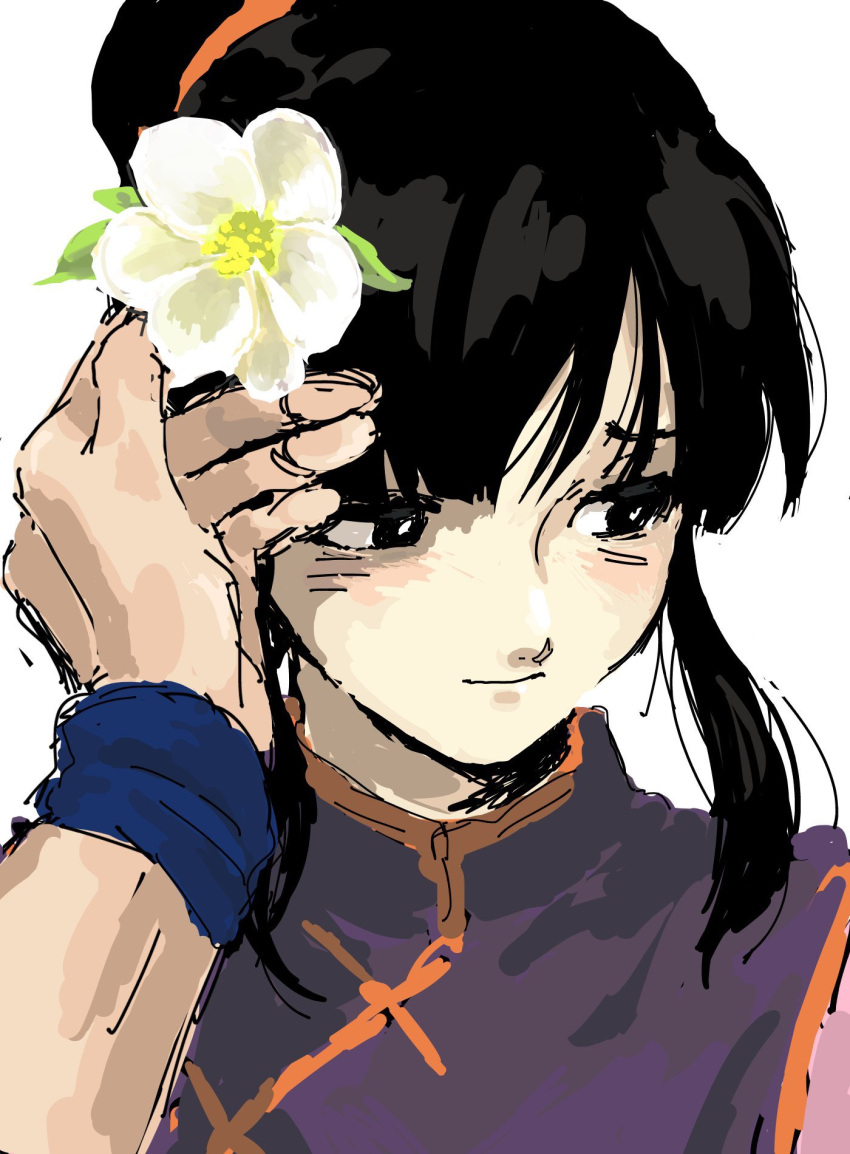 1boy 1girl adjusting_hair_ornament black_eyes black_hair blue_wristband blunt_bangs chi-chi_(dragon_ball) china_dress chinese_clothes close-up closed_mouth couple dragon_ball dragon_ball_z dress flower flower_request furrowed_brow hair_bun hair_flower hair_ornament half-closed_eyes hetero highres holding holding_flower kenji0404_(nbtathu) leaf light_blush light_smile outstretched_hand pov pov_hands purple_dress shade shy sidelocks sideways_glance simple_background single_hair_bun solo_focus son_goku upper_body white_background white_flower wristband