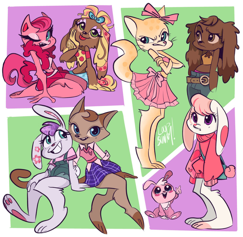 anthro anthrofied baby bottomwear canid canine canis clothed clothing crop_top denim denim_clothing domestic_cat domestic_dog felid feline felis female fully_clothed group hasbro hi_res hindpaw jeans lagomorph leporid littlest_pet_shop loopbunnysart lps_224 lps_716 mammal pants pawpads paws rabbit shirt skirt toony topwear young