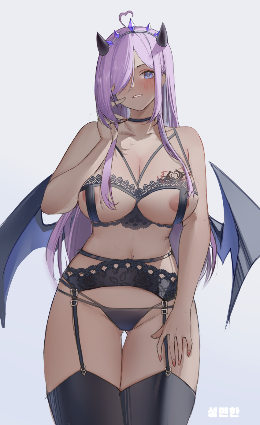 1girl absurdres ahoge black_choker blue_eyes blush breasts choker dark-skinned_female dark_skin demon_girl demon_wings garter_belt hair_over_one_eye heart heart_ahoge highres horns indie_virtual_youtuber kris_kokoro large_breasts lingerie long_hair looking_at_viewer milephunter simple_background smile solo standing underwear virtual_youtuber wings