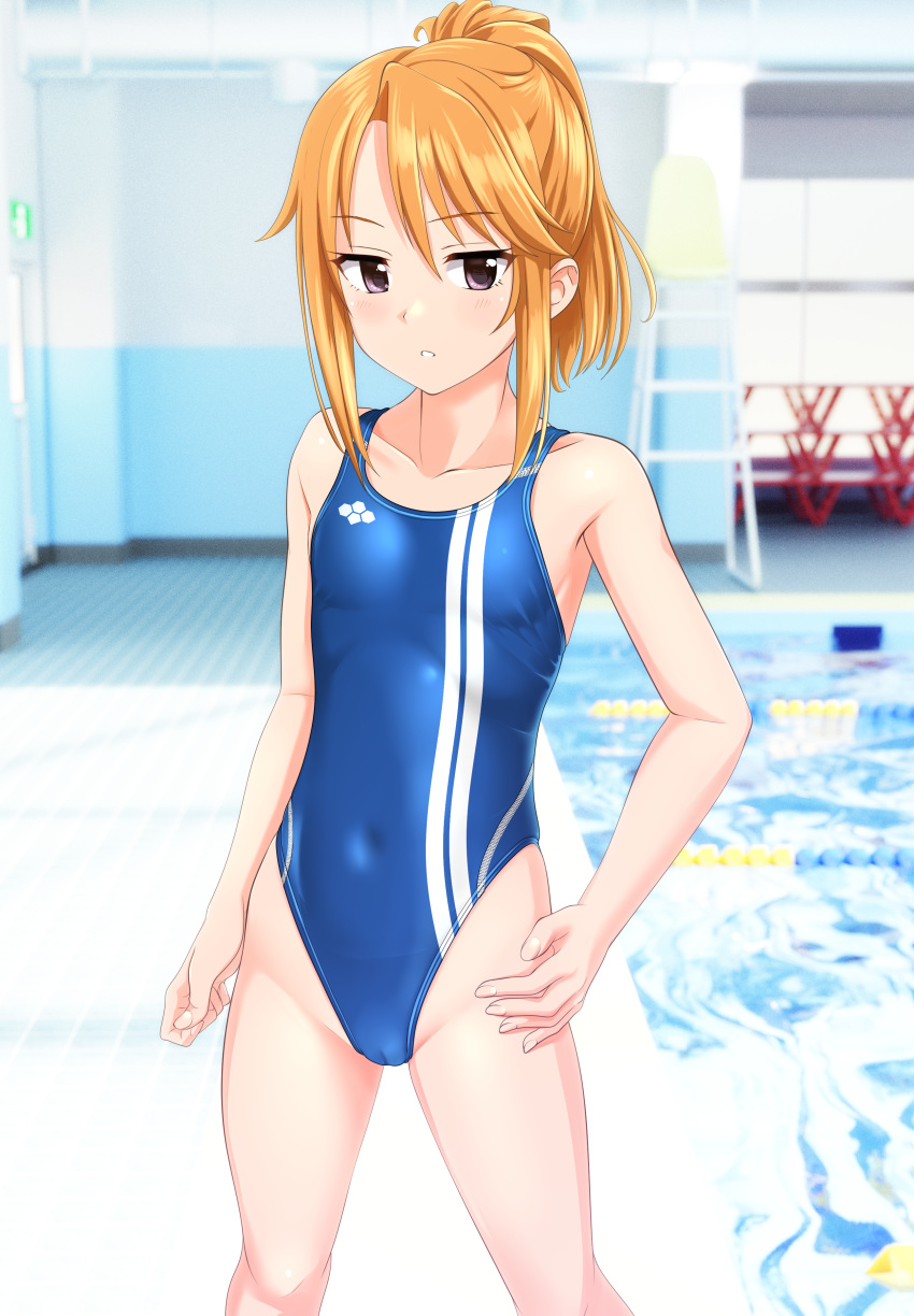 1girl absurdres blue_one-piece_swimsuit breasts brown_eyes commentary_request competition_swimsuit covered_navel double_vertical_stripe feet_out_of_frame hand_on_own_hip highleg highleg_swimsuit highres idolmaster_cinderella_girls_u149 long_hair looking_at_viewer one-piece_swimsuit orange_hair photo_background ponytail pool poolside sidelocks small_breasts solo swimsuit takafumi yuuki_haru