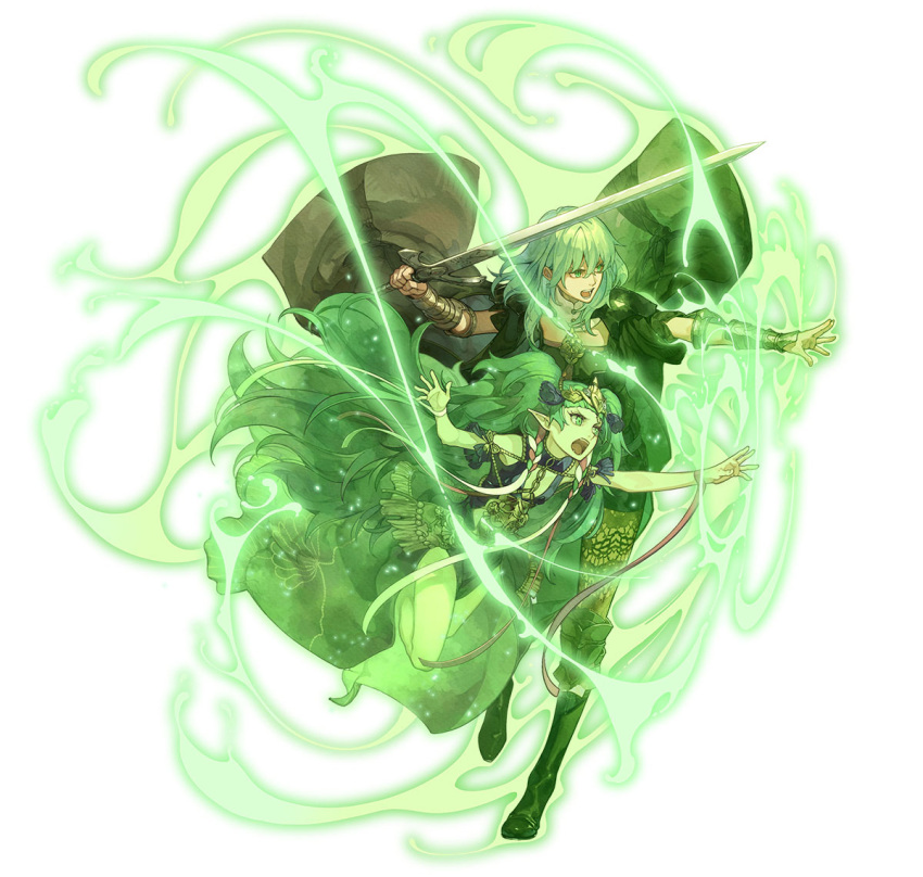 1girl aura black_coat boots breasts brooch byleth_(female)_(fire_emblem) byleth_(fire_emblem) coat enlightened_byleth_(female) fire_emblem fire_emblem:_three_houses fire_emblem_heroes fire_emblem_warriors:_three_hopes glowing green_eyes green_hair hidari_(left_side) high_heel_boots high_heels holding holding_sword holding_weapon jewelry long_coat long_hair medium_breasts medium_hair midriff official_art open_mouth pantyhose possessed sothis_(fire_emblem) sword teeth upper_teeth_only very_long_hair weapon wrist_guards