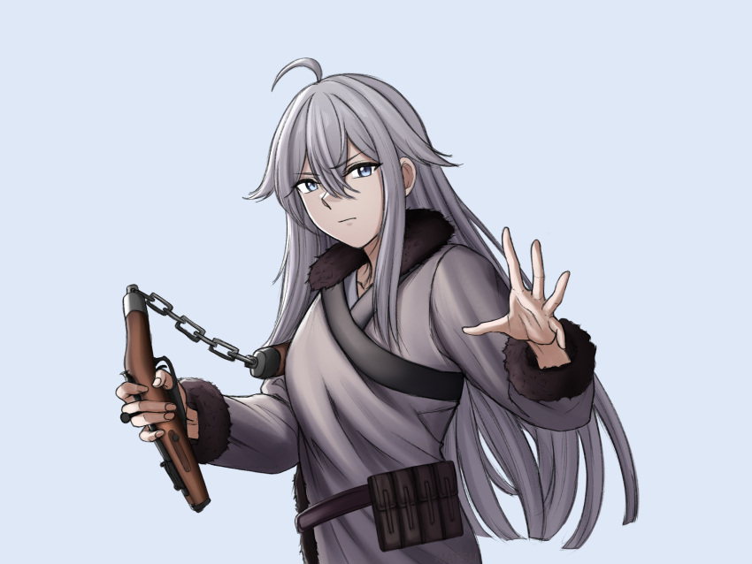 1girl ahoge blue_eyes bolt_action coat codename:_bakery_girl commission fur-trimmed_coat fur_trim grey_background grey_coat grey_hair gun hair_between_eyes highres holding holding_nunchaku holding_weapon jefuty_(bakery_girl) long_hair looking_at_viewer matsu_arts mosin-nagant nunchaku obrez reverse_collapse_(series) rifle weapon