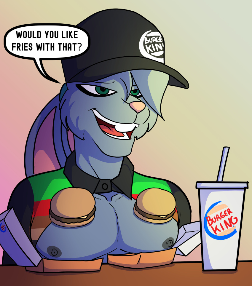 absurd_res anthro beverage burger burger_king chance_the_rabbit clothing ears_tied_back english_text food green_eyes hat headgear headwear hi_res lagomorph leporid lordmarukio male mammal meme nipples pecs rabbit soda solo text uniform