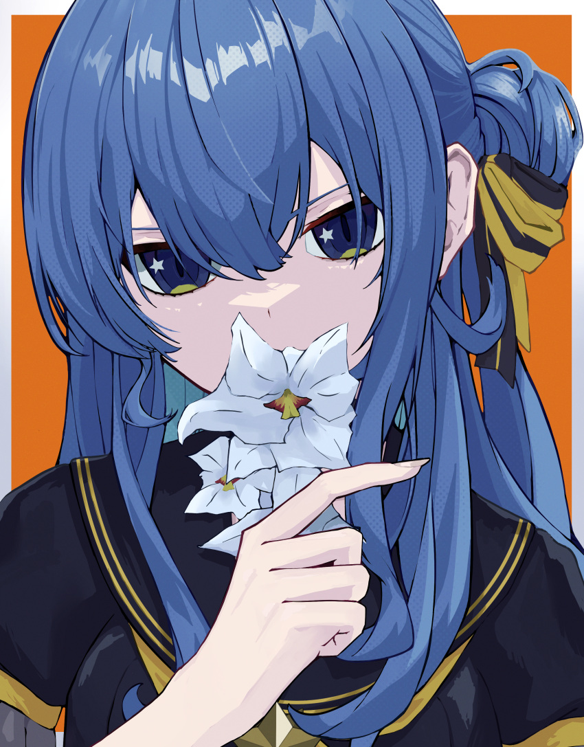 1girl absurdres black_serafuku blue_eyes blue_hair colored_inner_hair double-parted_bangs flower flower_request hair_between_eyes hair_bun hair_ribbon hand_up highres holding holding_flower hololive hoshimachi_suisei hoshimachi_suisei_(school_uniform) lala_(ryu_12028) long_hair looking_at_viewer multicolored_hair one_side_up orange_background polka_dot_hair portrait ribbon school_uniform serafuku sidelocks simple_background single_hair_bun slit_pupils smelling_flower solo star_(symbol) star_in_eye symbol_in_eye virtual_youtuber white_flower yellow_trim