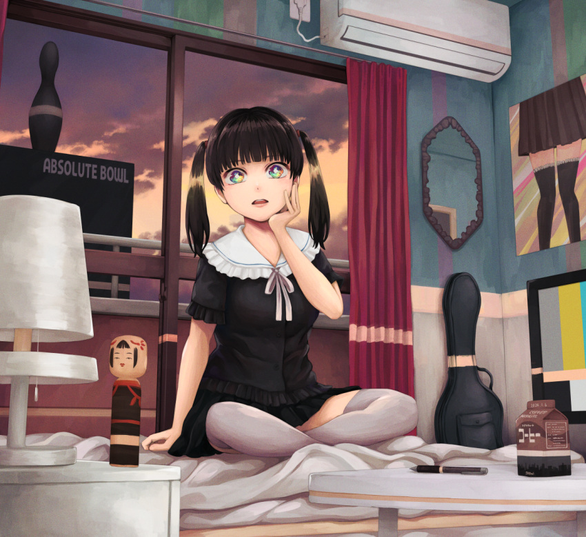 1girl black_hair black_shirt black_skirt bowling_pin curtains desk_lamp instrument_case lamp looking_at_viewer medium_hair mirror multicolored_eyes on_floor original pen shirt skirt solo television thighhighs twintails white_thighhighs window yajirushi_(chanoma)