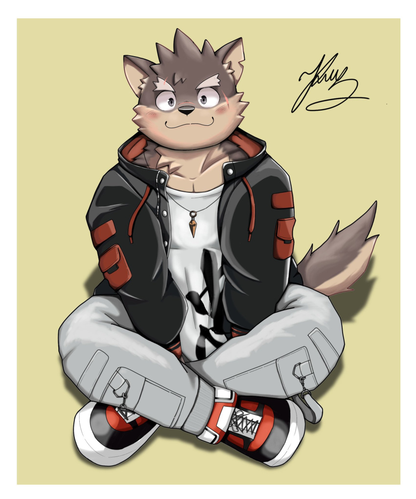 anthro blush canid canine canis clothing crossed_legs domestic_dog footwear fur grey_body grey_fur hi_res jacket jewelry kt0414143919 lifewonders male mammal moritaka necklace scar shoes sitting smile sneakers solo tokyo_afterschool_summoners topwear