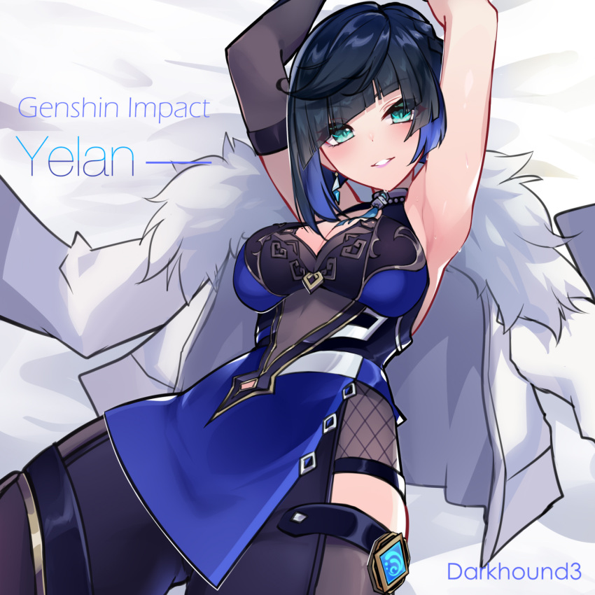 1girl armpits artist_name bed_sheet black_hair blunt_bangs breasts character_name chinese_clothes cleavage commentary_request dark_hound_3 dice earrings fishnet_fabric fur-trimmed_jacket fur_trim genshin_impact green_eyes highres jacket jacket_on_shoulders jewelry long_sleeves looking_at_viewer lying mole mole_on_breast on_back open_clothes open_jacket parted_bangs parted_lips pendant_choker short_hair sidelocks sleeveless solo vision_(genshin_impact) white_jacket yelan_(genshin_impact)
