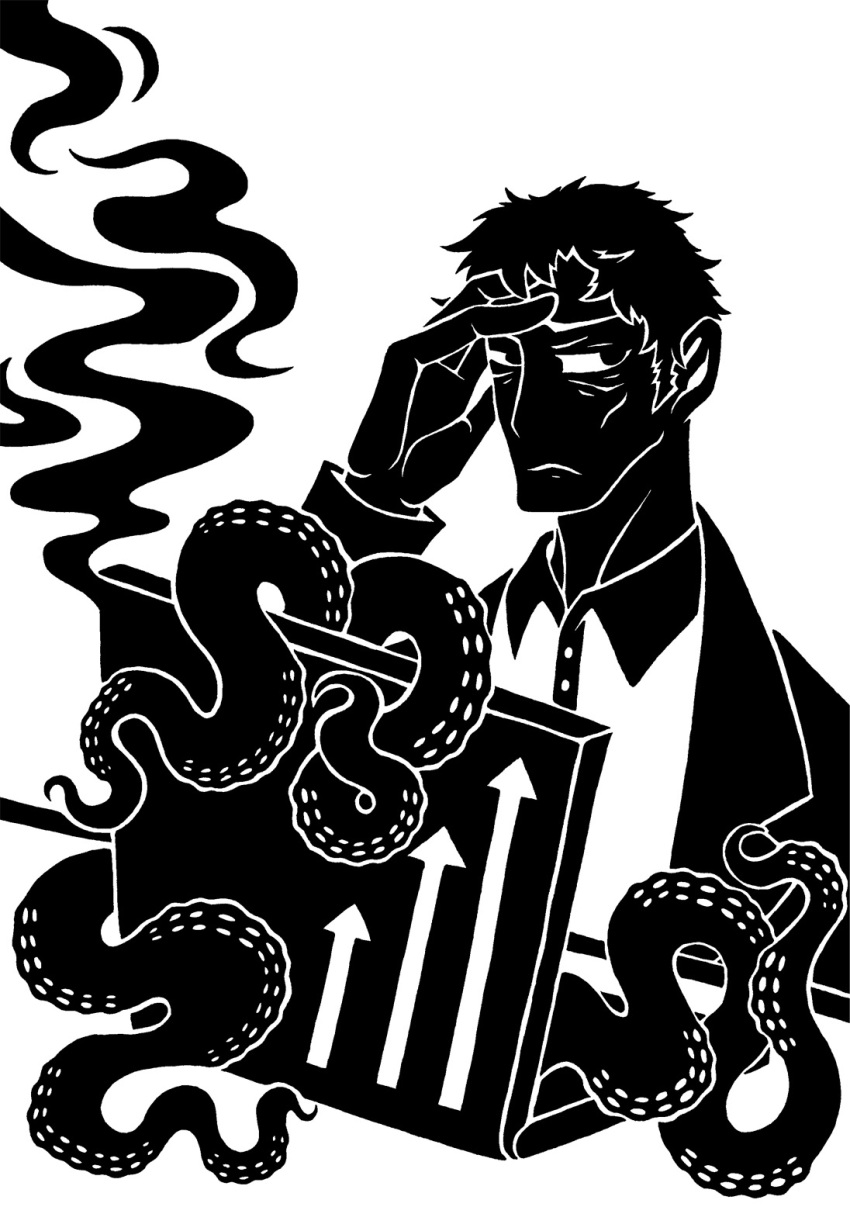 2014 5_fingers black_and_white button_(fastener) clothing computer david_rosen digital_drawing_(artwork) digital_media_(artwork) duo eye_bags eyebrows fingers frown furniture hair hi_res holding_forehead holding_head human laptop looking_aside male mammal monochrome mouth_closed restricted_palette scp_foundation short_hair silhouette simple_background smoke suckers suit sunnyclockwork table tentacle_monster tentacles white_background