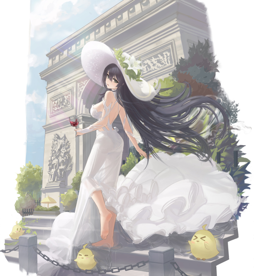 &gt;_&lt; 1girl absurdres alternate_costume arc_de_triomphe azur_lane bare_shoulders barefoot black_hair blue_sky breasts chain commentary_request cup day detached_sleeves dress drinking_glass floating_hair flower from_side green_eyes hair_between_eyes hair_flower hair_ornament hat highres holding holding_cup indomitable_(azur_lane) large_breasts long_dress long_hair manjuu_(azur_lane) outdoors paris red_wine see-through_silhouette sky solo standing standing_on_one_leg sun_hat tree very_long_hair white_dress white_flower white_headwear wind wine_glass yue_zheng_zhi_yu
