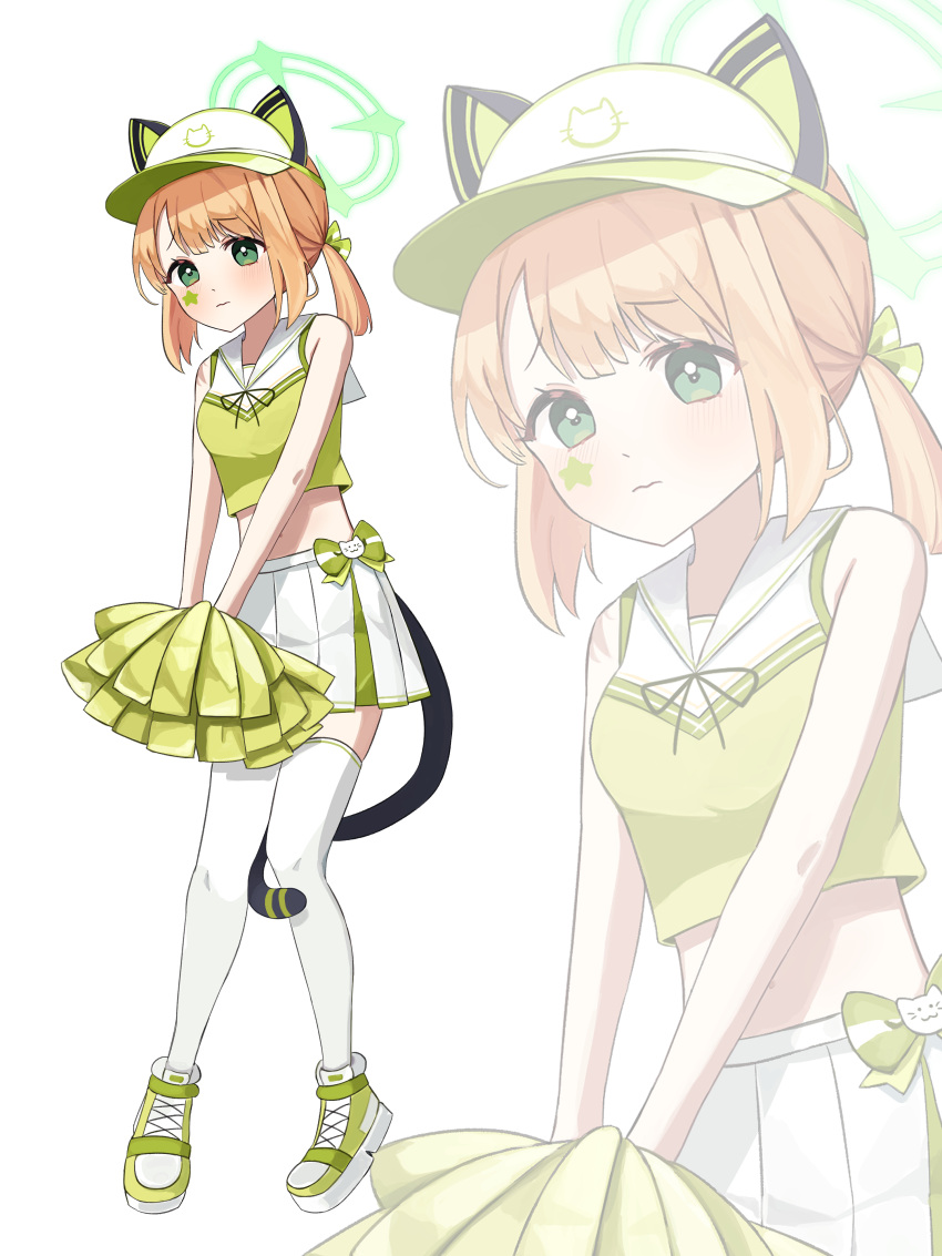 1girl absurdres animal_ears bare_shoulders blonde_hair blue_archive bow bow_skirt breasts cat_ears cat_tail cheerleader closed_mouth commentary_request cropped_shirt cross-laced_footwear embarrassed fake_animal_ears full_body green_bow green_eyes green_footwear grey_halo halo highres looking_at_viewer midori_(blue_archive) midriff miniskirt multicolored_clothes multicolored_headwear nez_(nez_0_0) parted_bangs sailor_collar shirt shoes short_hair short_ponytail simple_background skirt sleeveless sleeveless_shirt small_breasts solo standing star_(symbol) sticker_on_face tail tail_around_own_leg thighhighs visor_cap wavy_mouth white_background white_headwear white_sailor_collar white_skirt white_thighhighs zoom_layer
