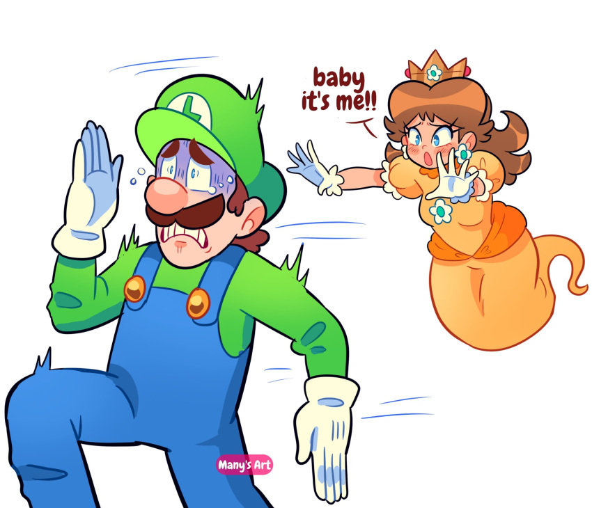 1boy 1girl brown_hair dress fleeing ghost ghost_tail gloves highres luigi manysart1 mario_(series) orange_dress princess_daisy scared simple_background super_mario_bros._wonder white_background white_gloves