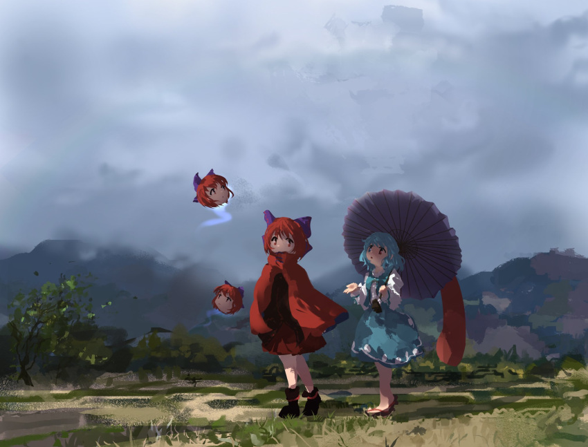 2girls black_footwear blue_dress blue_hair dress floating_head highres holding holding_umbrella jacket landscape multiple_girls outstretched_hand overcast red_dress red_eyes red_hair red_jacket sandals sekibanki shirt sky tatara_kogasa touhou tree umbrella ushitsuchi white_shirt