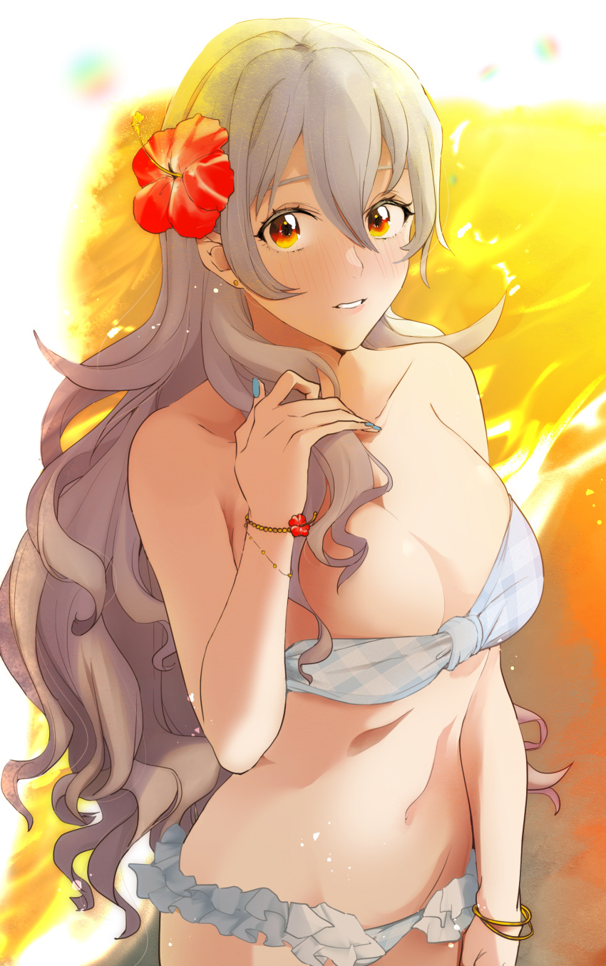 1girl absurdres alternate_costume bikini blue_nails blush breasts collarbone commentary_request corrin_(female)_(fire_emblem) corrin_(fire_emblem) fingernails fire_emblem fire_emblem_fates flower grey_hair hair_between_eyes hair_flower hair_ornament hibiscus highres large_breasts long_hair looking_at_viewer nail_polish navel orange_eyes pointy_ears red_flower solo sou_mei stomach swimsuit very_long_hair wavy_hair white_bikini