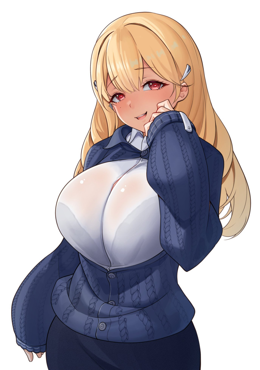 1girl ajidot blonde_hair blue_bow blue_bowtie blue_cardigan blush bow bowtie breasts button_gap cardigan cleavage closed_mouth collared_shirt goddess_of_victory:_nikke hair_intakes hair_ornament highres huge_breasts jewelry lips long_hair looking_at_viewer mole mole_under_eye puffy_sleeves red_eyes shirt sleeves_past_wrists smile solo tia_(nikke) white_background white_shirt
