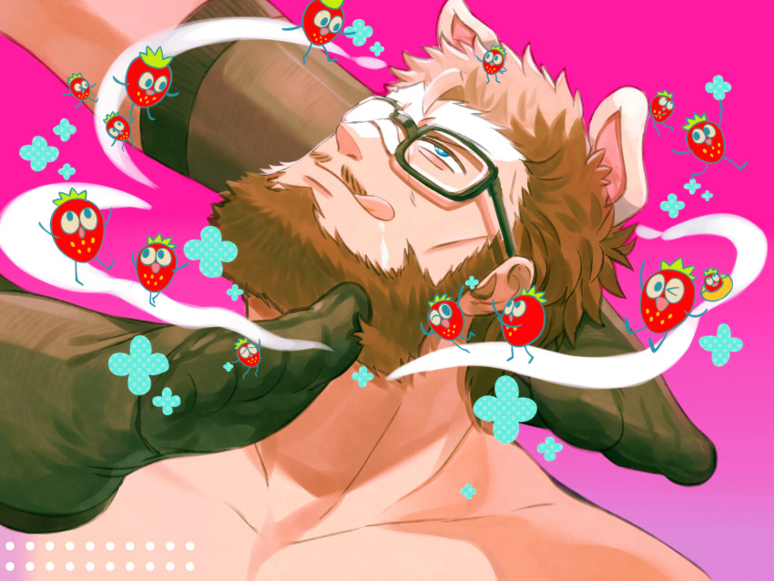 2boys :q animal_ears bara black_socks brown_hair couple dog_ears feeling_facial_hair feet food foot_focus fruit full_beard glasses highres hiwen-d male_focus mature_male multiple_boys muscular muscular_male mustache_stubble nude opaque_glasses original partially_opaque_glasses pink_background seductive_smile short_hair smile socks solo_focus strawberry thick_beard thick_eyebrows tongue tongue_out upper_body yaoi