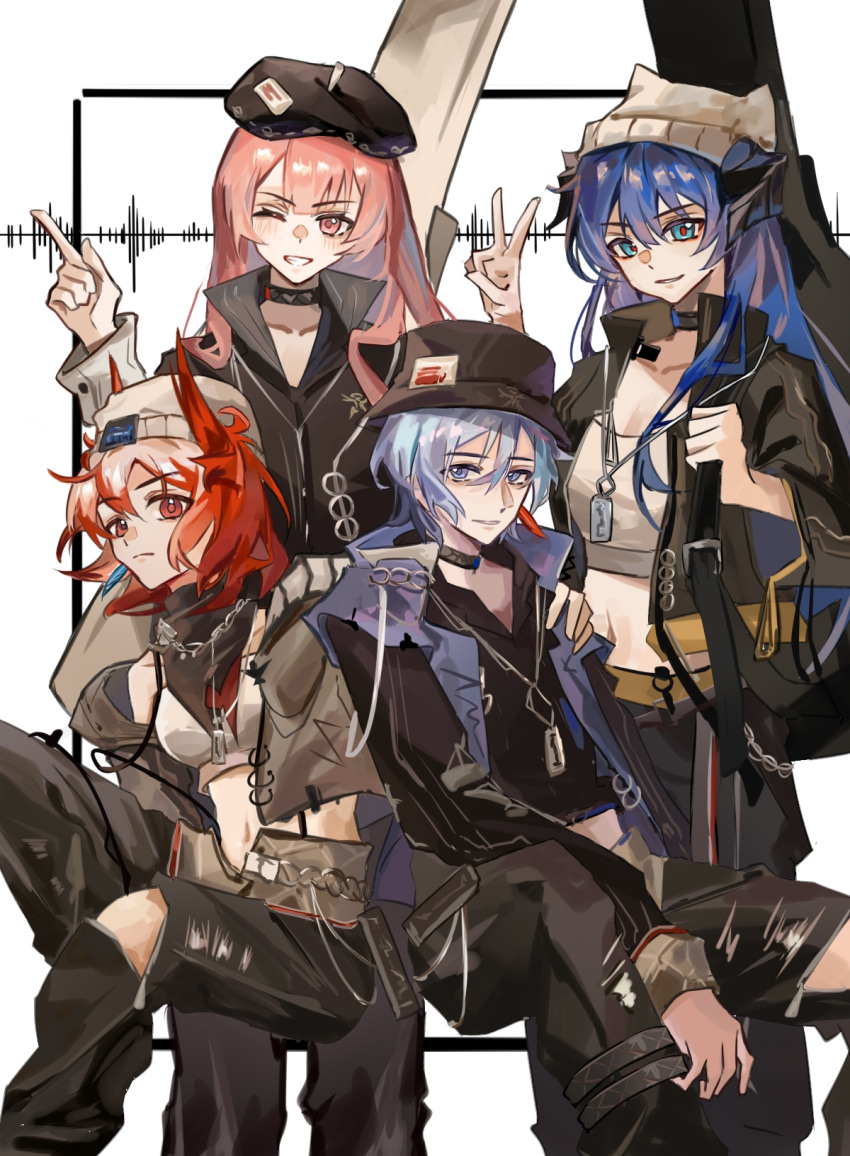 1boy 3girls andoain_(arknights) arknights beanie beret black_headwear black_jacket black_pants black_shirt blue_eyes blue_hair breasts chuichuihuahewu cleavage closed_mouth collarbone commentary_request feet_out_of_frame fiammetta_(arknights) grey_hair grin hand_on_another's_shoulder hat highres jacket lemuen_(arknights) long_hair mostima_(arknights) multiple_girls navel one_eye_closed open_clothes open_jacket pants parted_lips pink_eyes pink_hair red_eyes red_hair shirt simple_background sitting small_breasts smile v very_long_hair white_background white_headwear