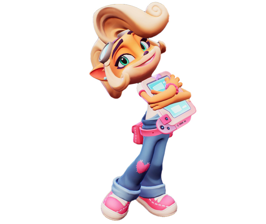 3d_(artwork) absurd_res activision anthro blonde_hair clothing coco_bandicoot crash_bandicoot_(series) digital_media_(artwork) eyewear eyewear_on_head female fingers footwear goggles goggles_on_head hair hi_res holding_object looking_at_viewer mammal marsupial official_art shoes smile solo