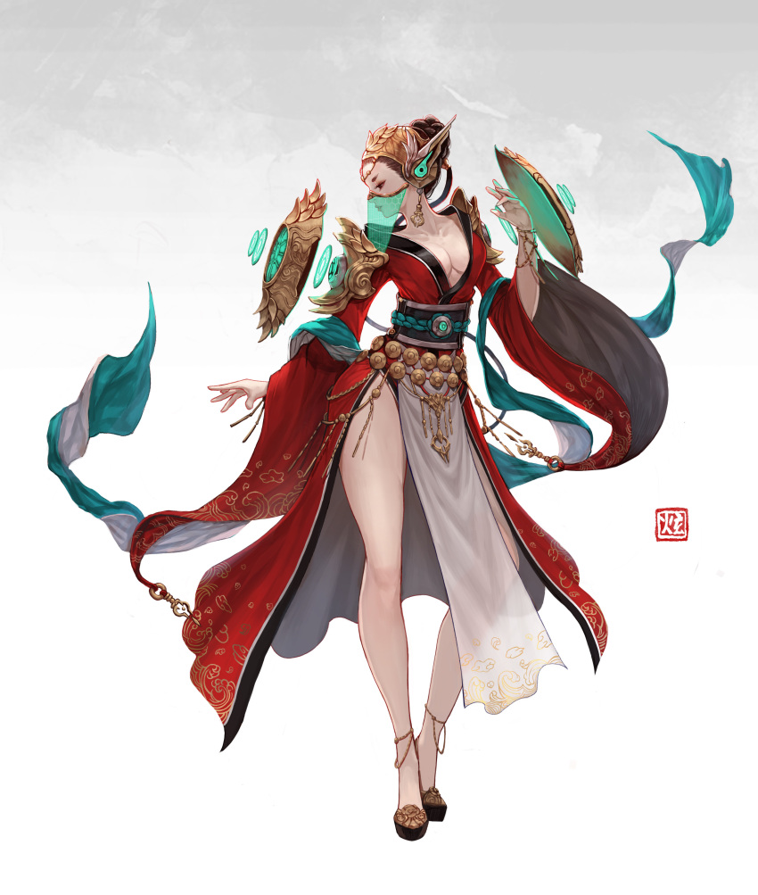 1girl absurdres armor bare_legs black_eyes black_footwear black_hair bracelet breasts chinese_clothes cleavage commentary dancer ddcc0123 earrings english_commentary full_body gold_earrings green_shawl hand_up hanfu headpiece highres jewelry long_hair looking_down medium_breasts mouth_veil obi obijime original pelvic_curtain ponytail sash shoulder_armor solo standing veil white_background